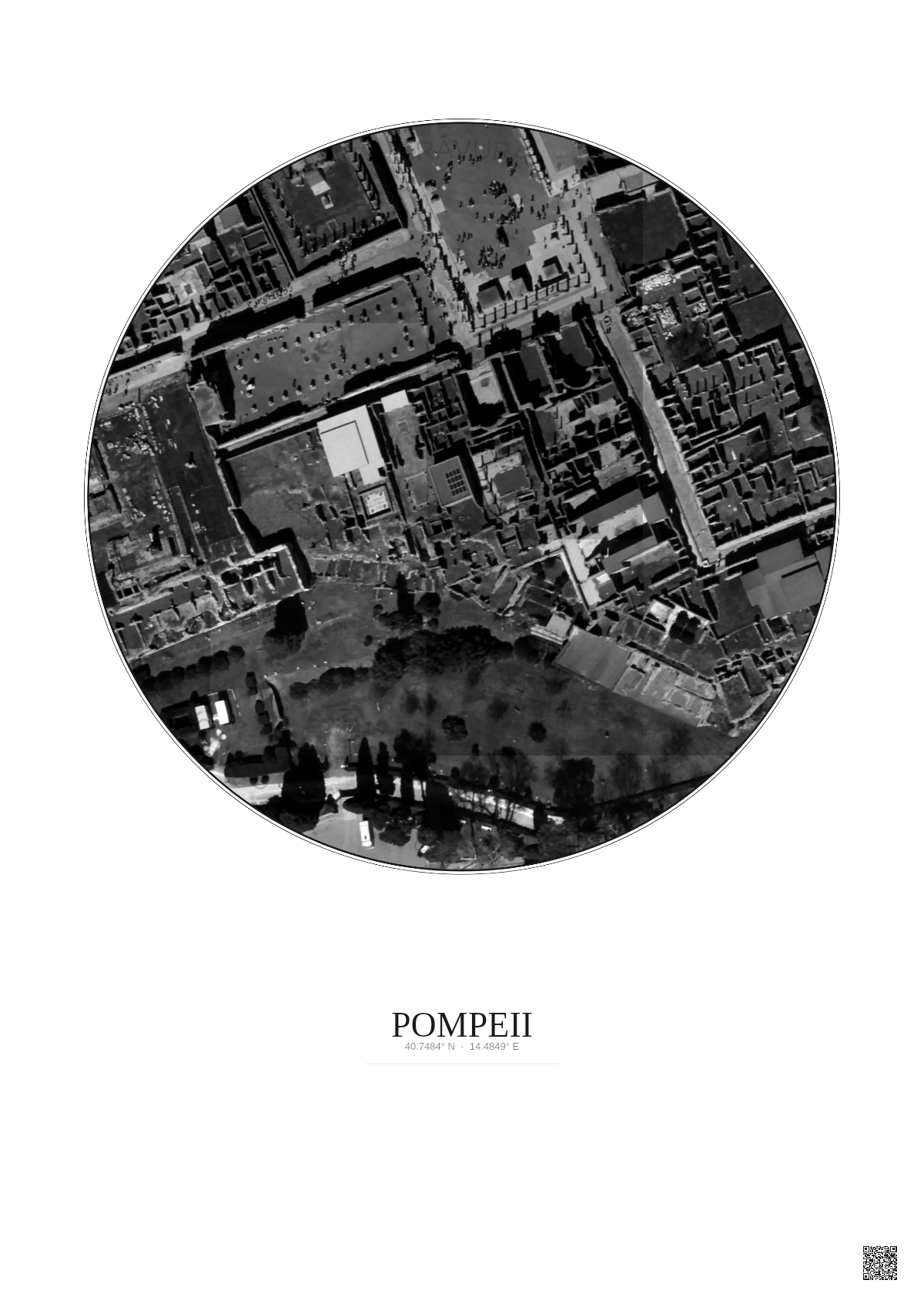 Affiche Pompeii – Poster vue satellite 0.1km N&B | Gravura – Fond clair