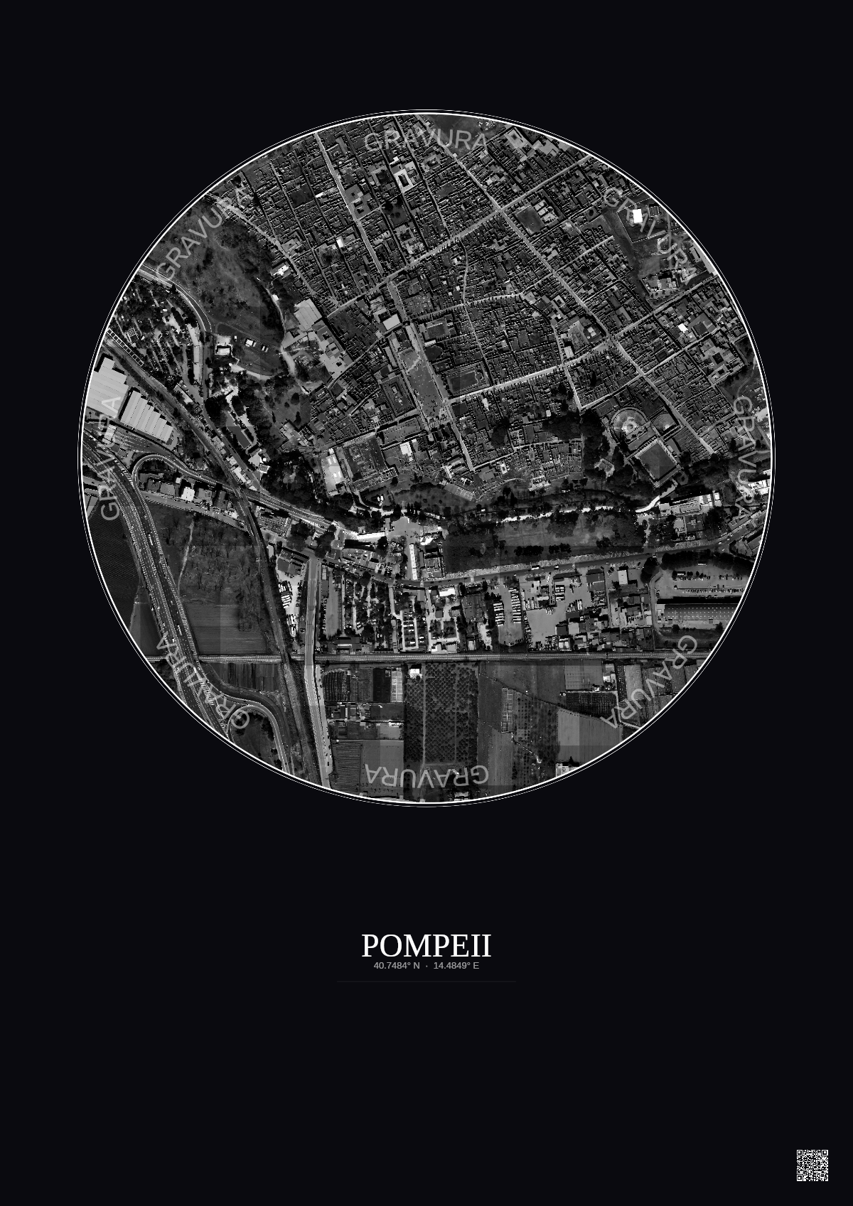 Affiche Pompeii – Poster vue satellite 0.5km N&B | Gravura – Fond foncé
