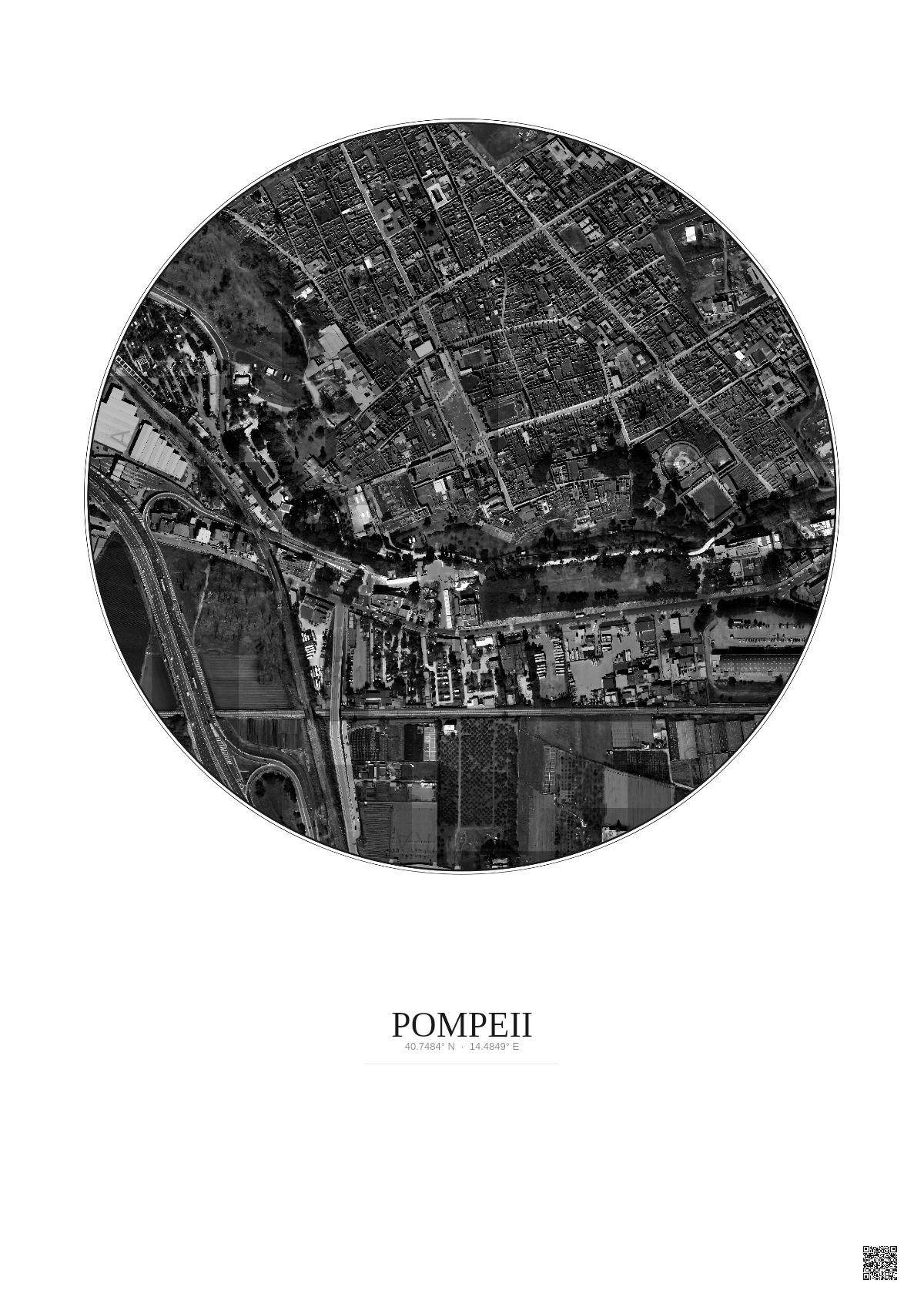 Affiche Pompeii – Poster vue satellite 0.5km N&B | Gravura – Fond clair