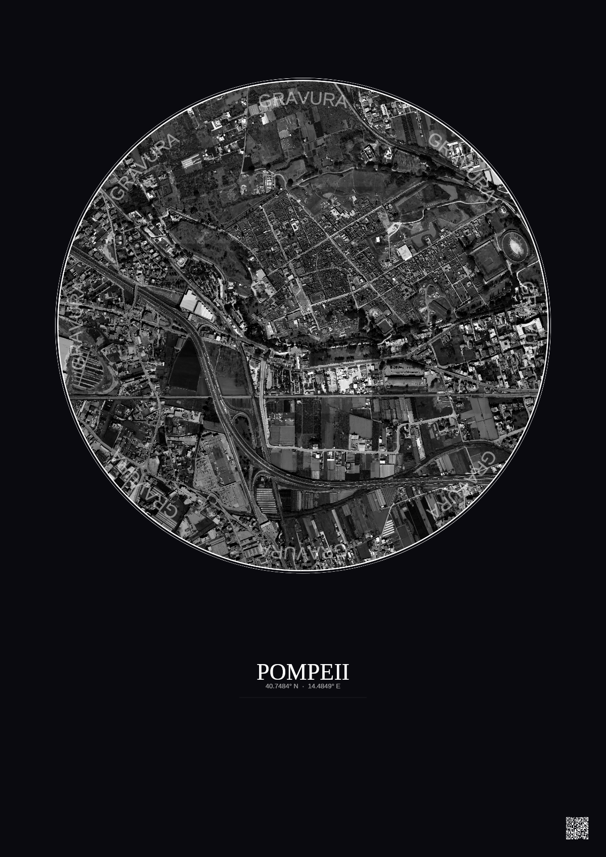 Affiche Pompeii – Poster vue satellite 1km N&B | Gravura – Fond foncé
