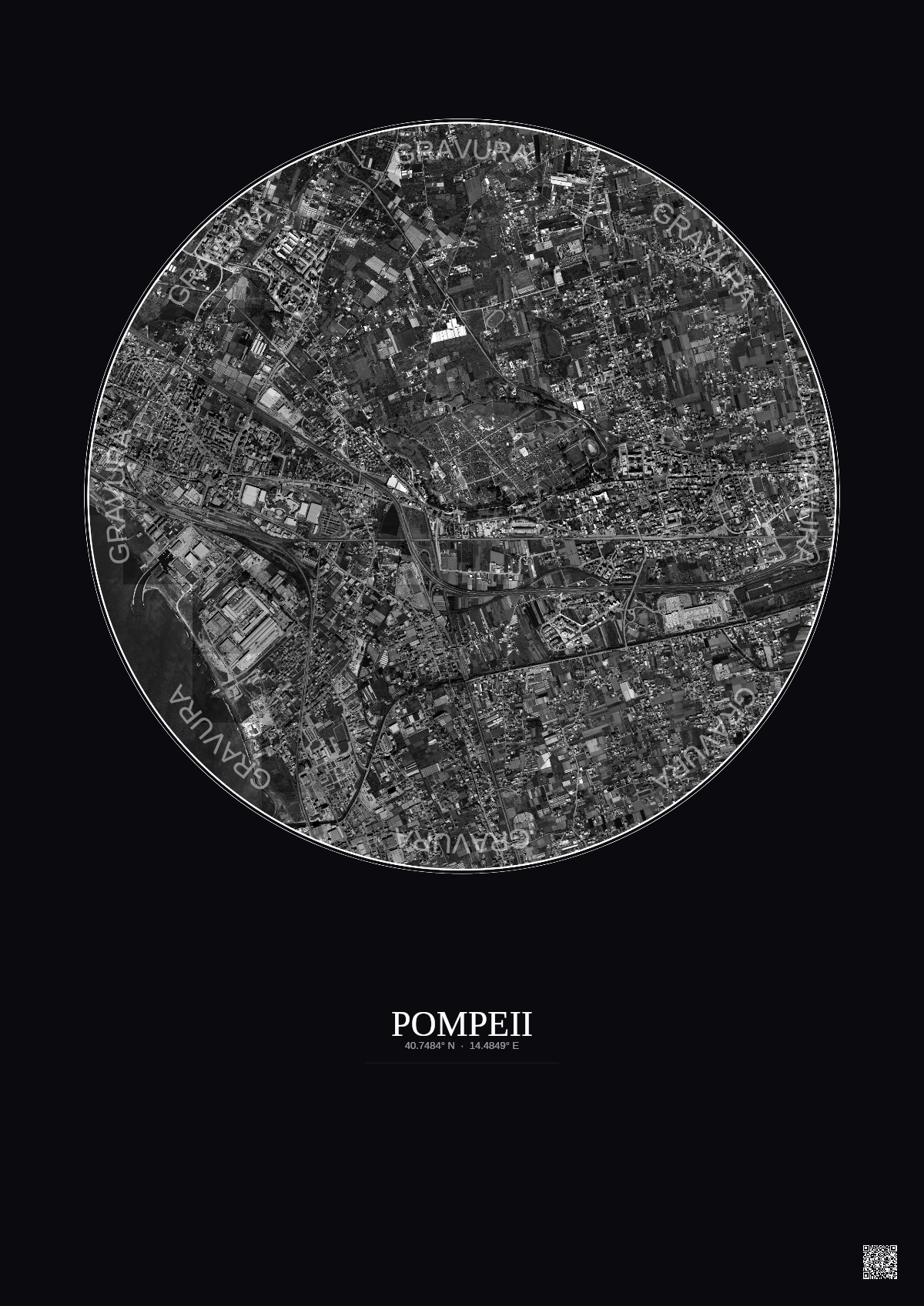 Affiche Pompeii – Poster vue satellite 2.5km N&B | Gravura – Fond foncé