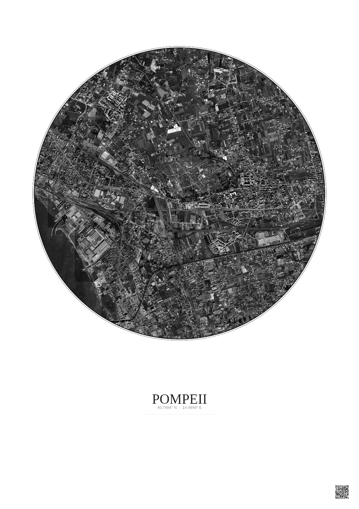 Affiche Pompeii – Poster vue satellite 2.5km N&B | Gravura – Fond clair