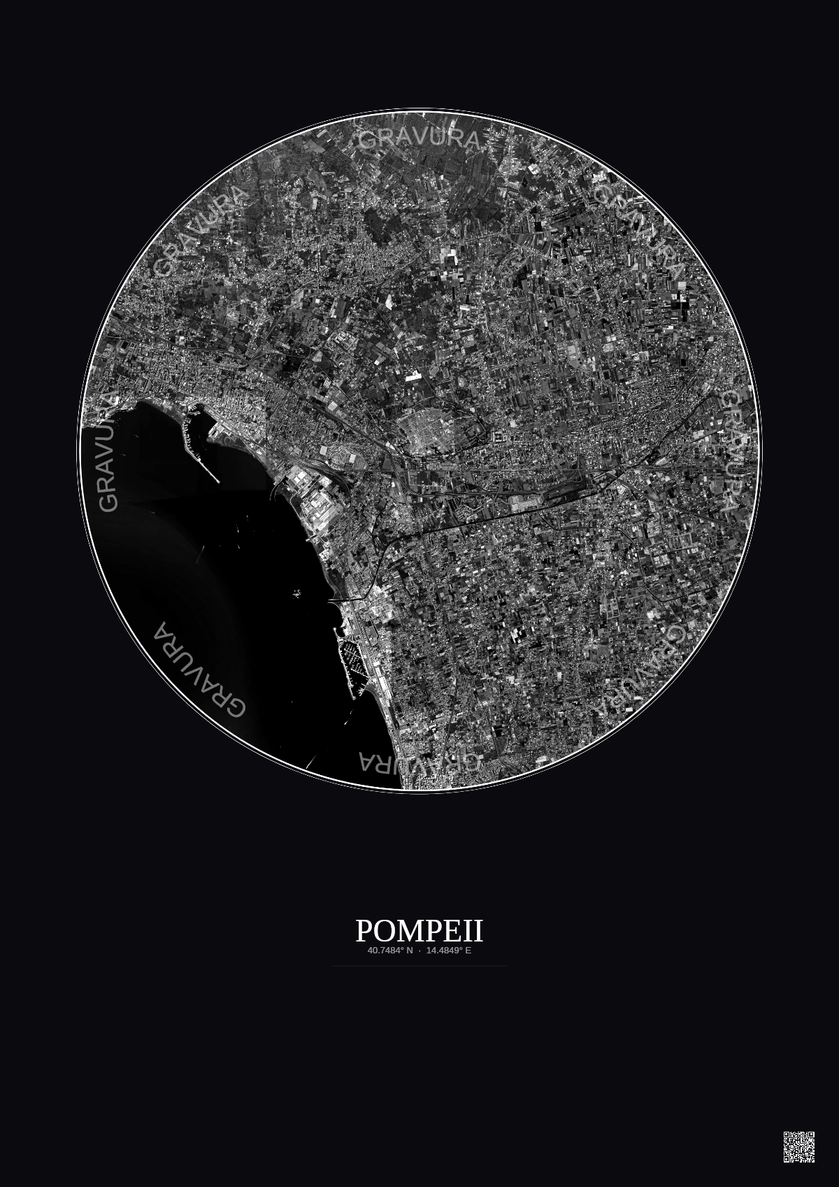 Affiche Pompeii – Poster vue satellite 5km N&B | Gravura – Fond foncé