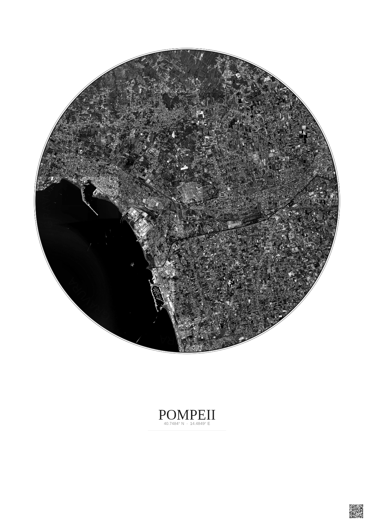 Affiche Pompeii – Poster vue satellite 5km N&B | Gravura – Fond clair