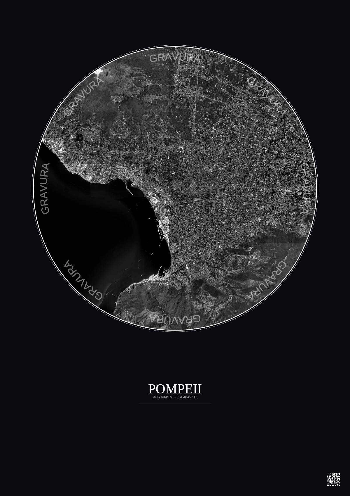 Affiche Pompeii – Poster vue satellite 10km N&B | Gravura – Fond foncé