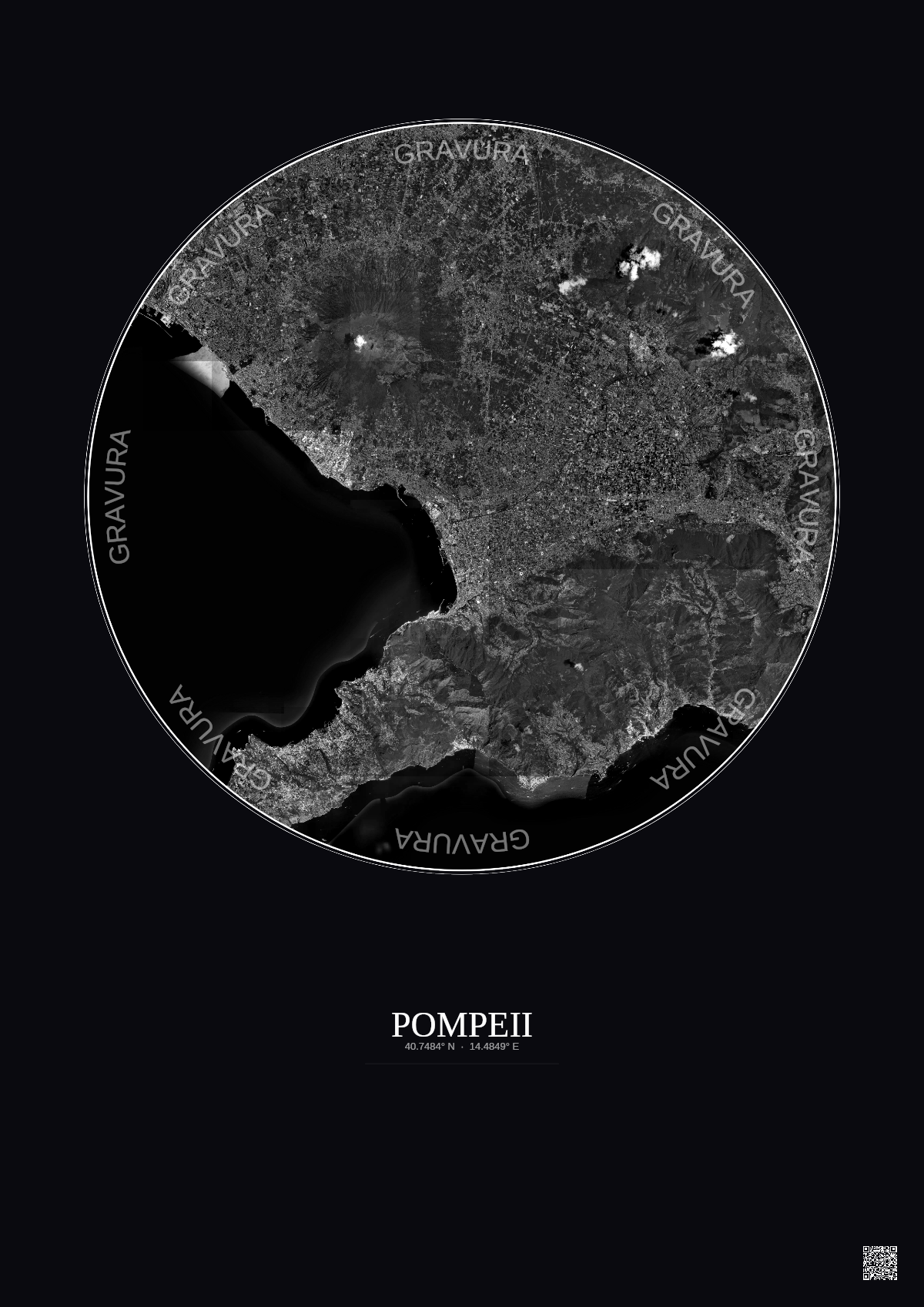 Affiche Pompeii – Poster vue satellite 20km N&B | Gravura – Fond foncé