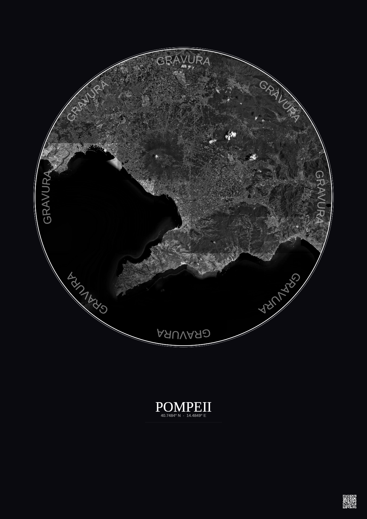Affiche Pompeii – Poster vue satellite 30km N&B | Gravura – Fond foncé
