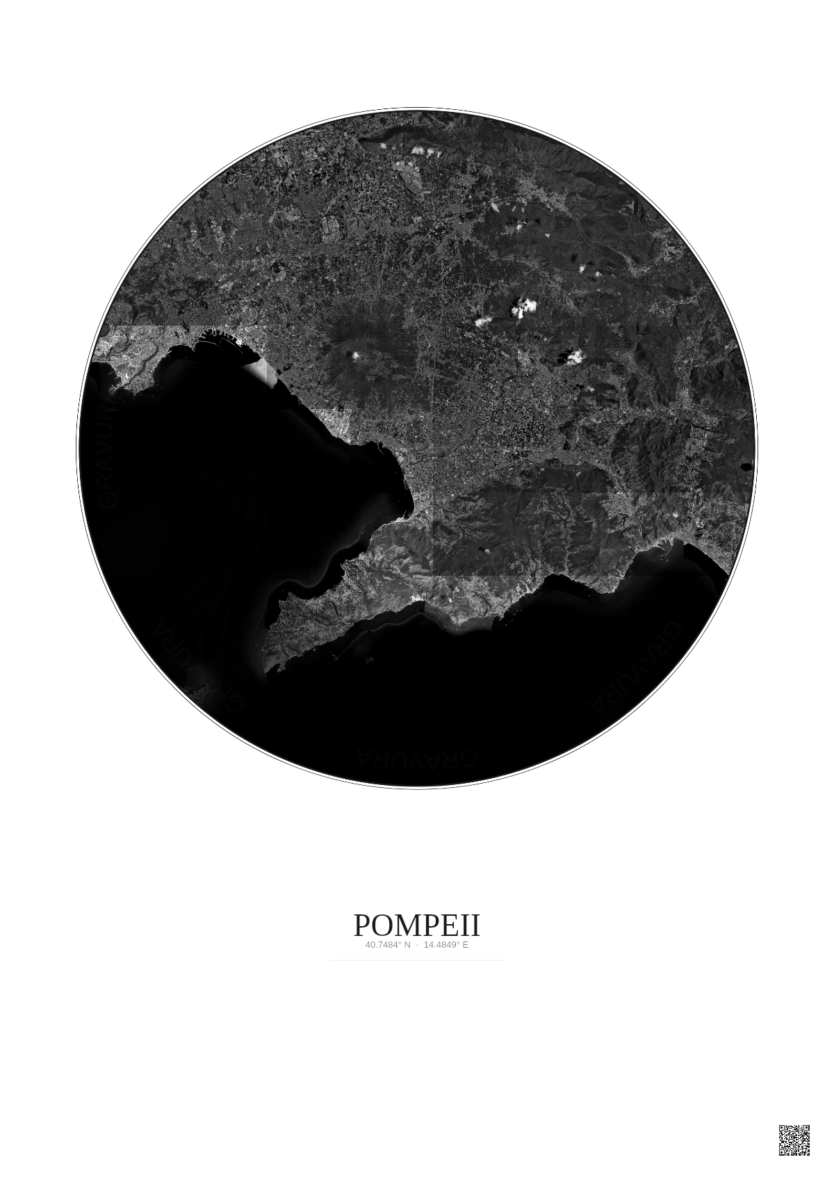 Affiche Pompeii – Poster vue satellite 30km N&B | Gravura – Fond clair