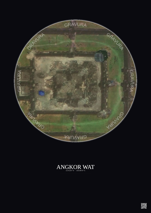 Affiche Angkor Wat – Poster vue satellite 0.1km Couleur | Gravura – Fond foncé
