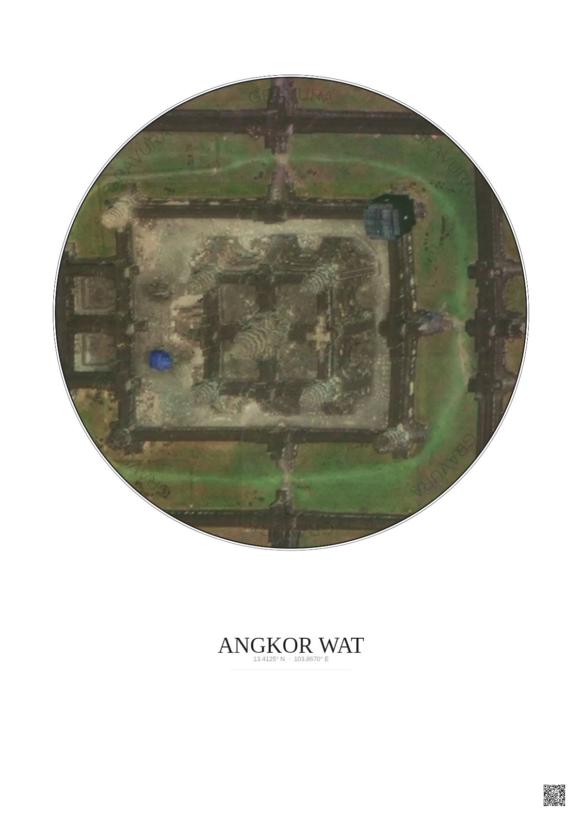 Affiche Angkor Wat – Poster vue satellite 0.1km Couleur | Gravura – Fond clair