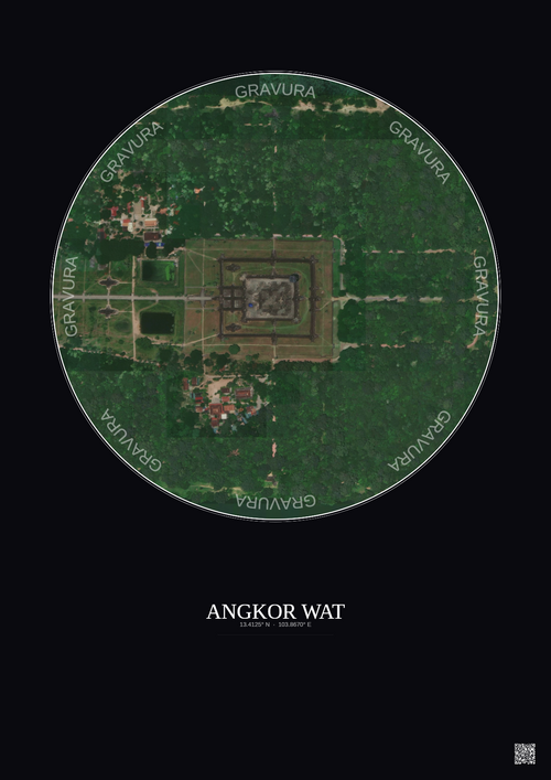 Affiche Angkor Wat – Poster vue satellite 0.5km Couleur | Gravura – Fond foncé