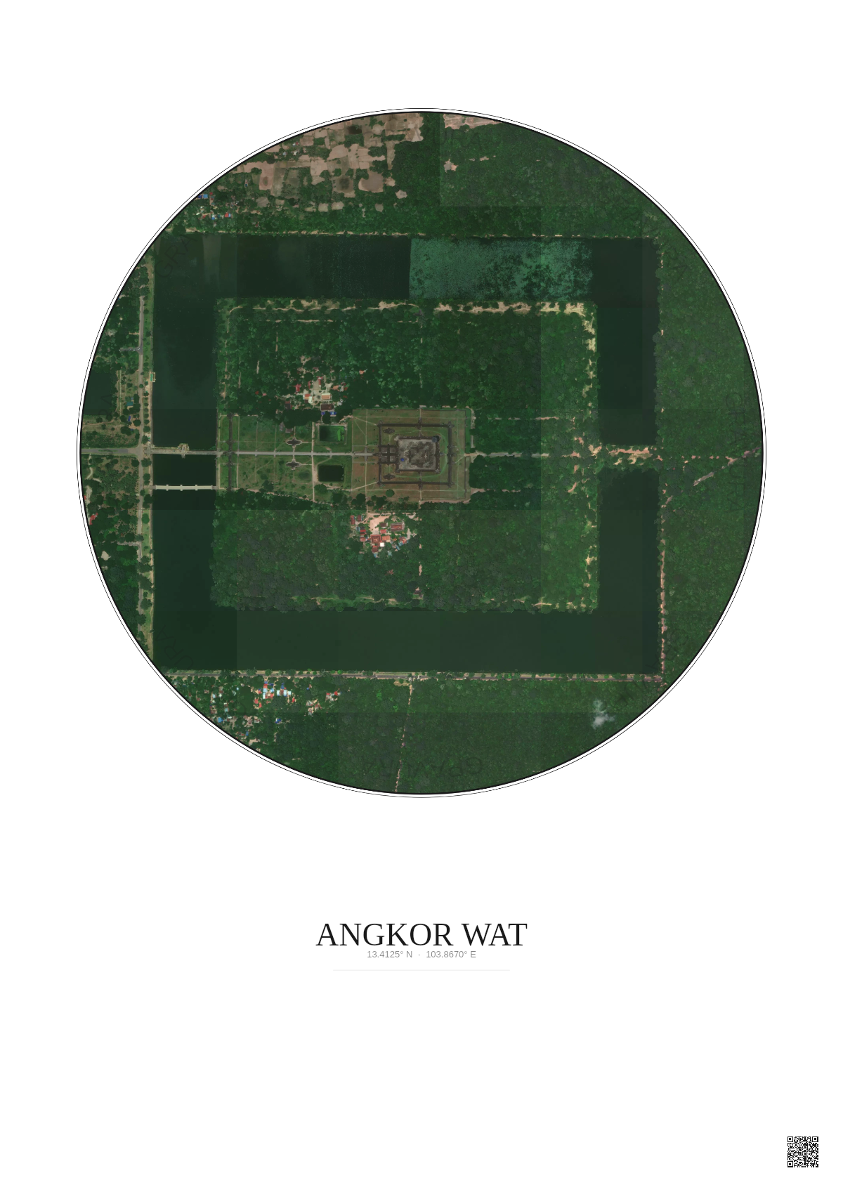 Affiche Angkor Wat – Poster vue satellite 1km Couleur | Gravura – Fond clair