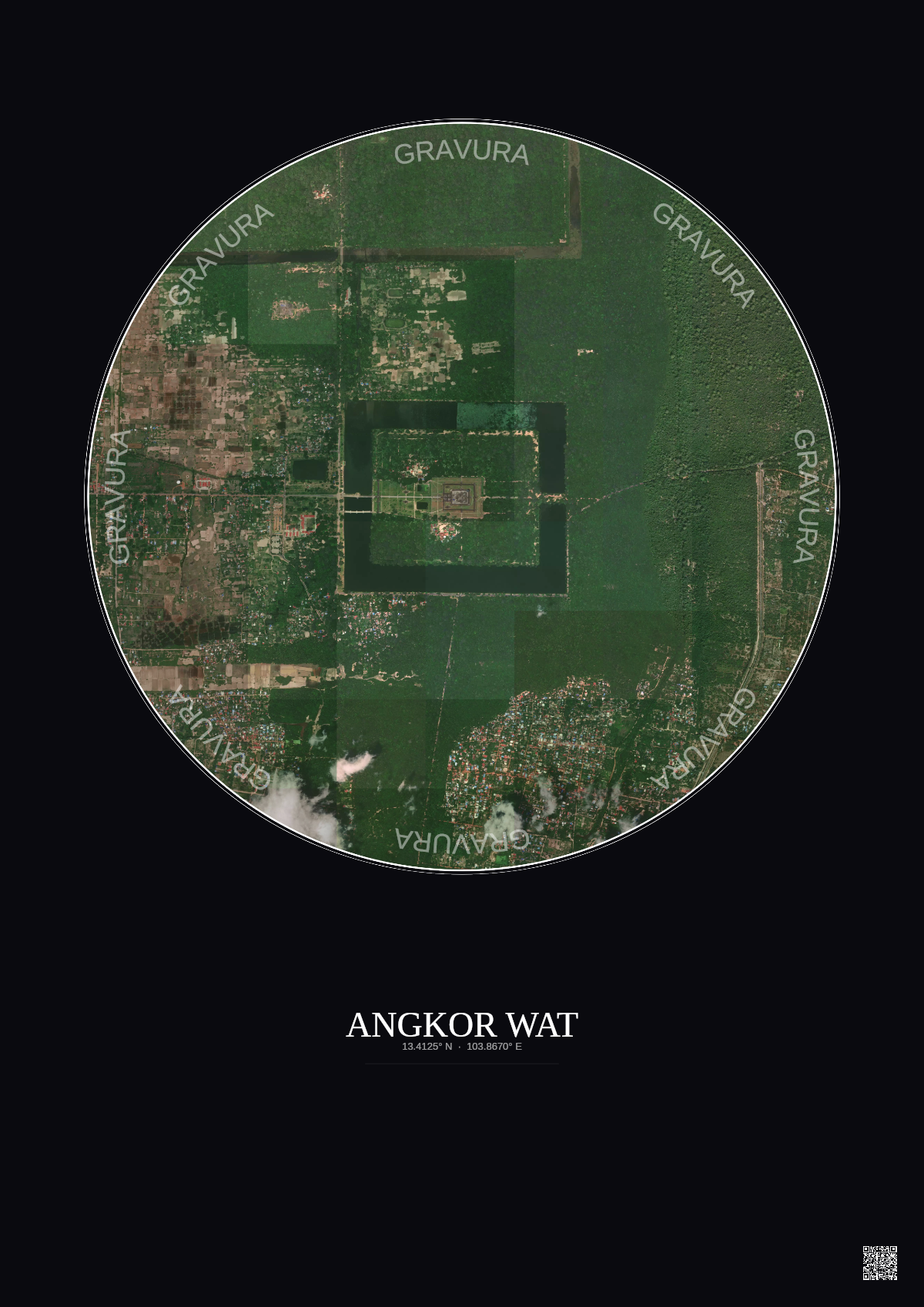 Affiche Angkor Wat – Poster vue satellite 2.5km Couleur | Gravura – Fond foncé