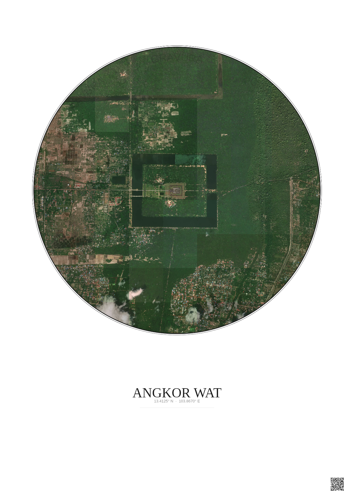 Affiche Angkor Wat – Poster vue satellite 2.5km Couleur | Gravura – Fond clair