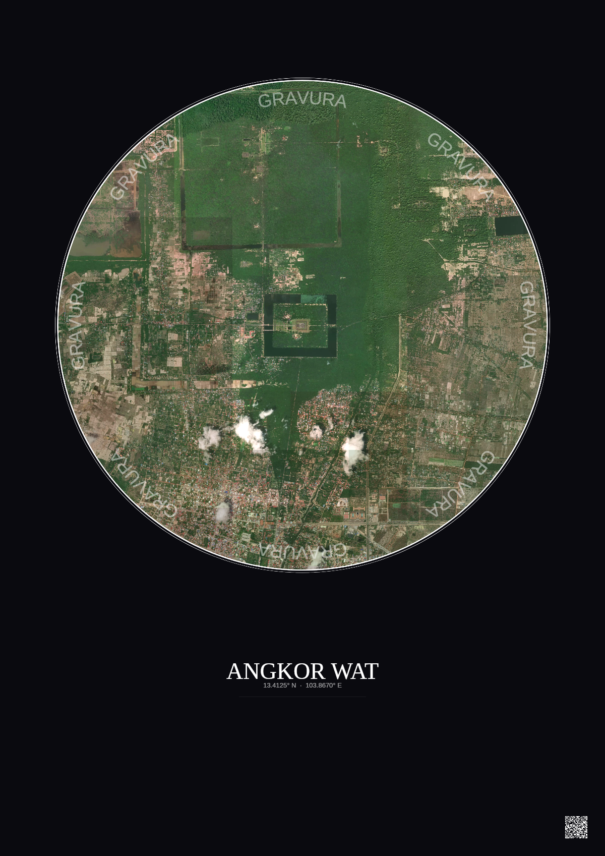 Affiche Angkor Wat – Poster vue satellite 5km Couleur | Gravura – Fond foncé