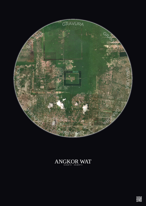 Affiche Angkor Wat – Poster vue satellite 5km Couleur | Gravura – Fond foncé