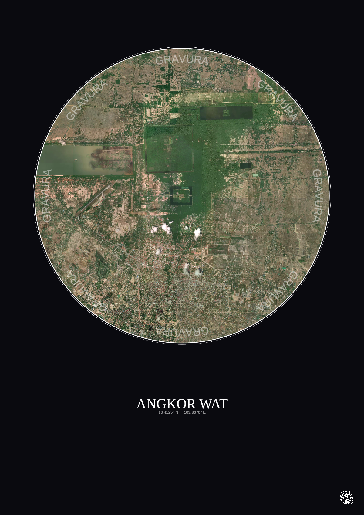 Affiche Angkor Wat – Poster vue satellite 10km Couleur | Gravura – Fond foncé