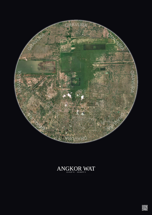 Affiche Angkor Wat – Poster vue satellite 10km Couleur | Gravura – Fond foncé