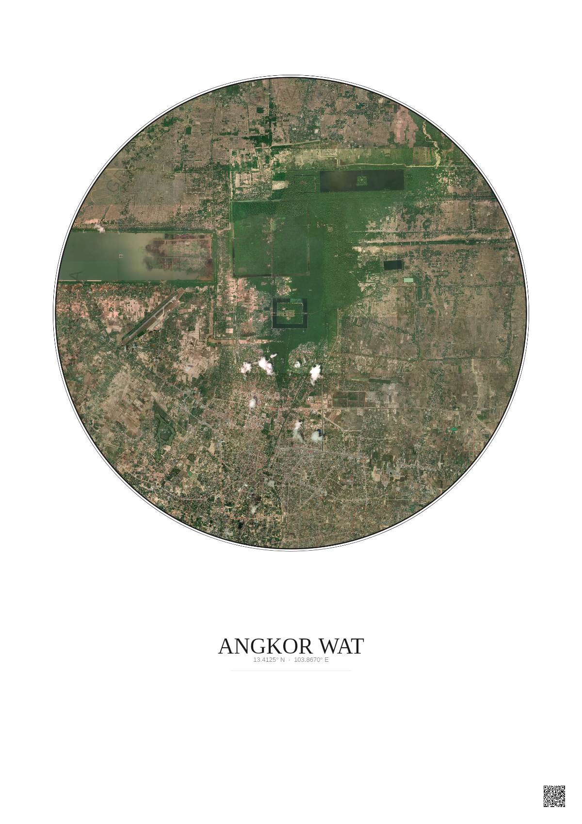 Affiche Angkor Wat – Poster vue satellite 10km Couleur | Gravura – Fond clair