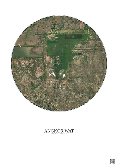 Affiche Angkor Wat – Poster vue satellite 10km Couleur | Gravura – Fond clair