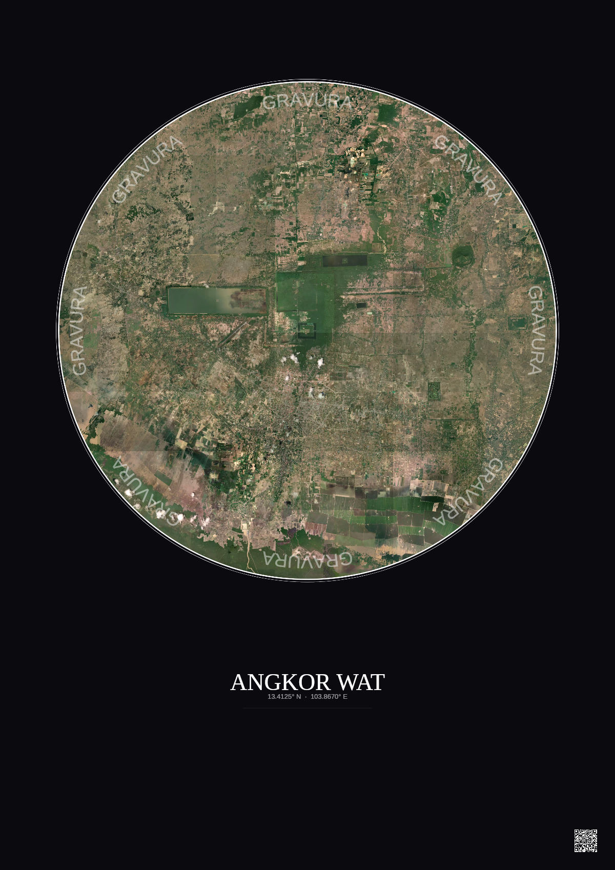 Affiche Angkor Wat – Poster vue satellite 20km Couleur | Gravura – Fond foncé