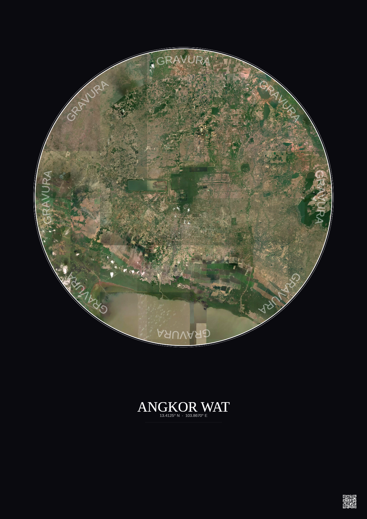 Affiche Angkor Wat – Poster vue satellite 30km Couleur | Gravura – Fond foncé