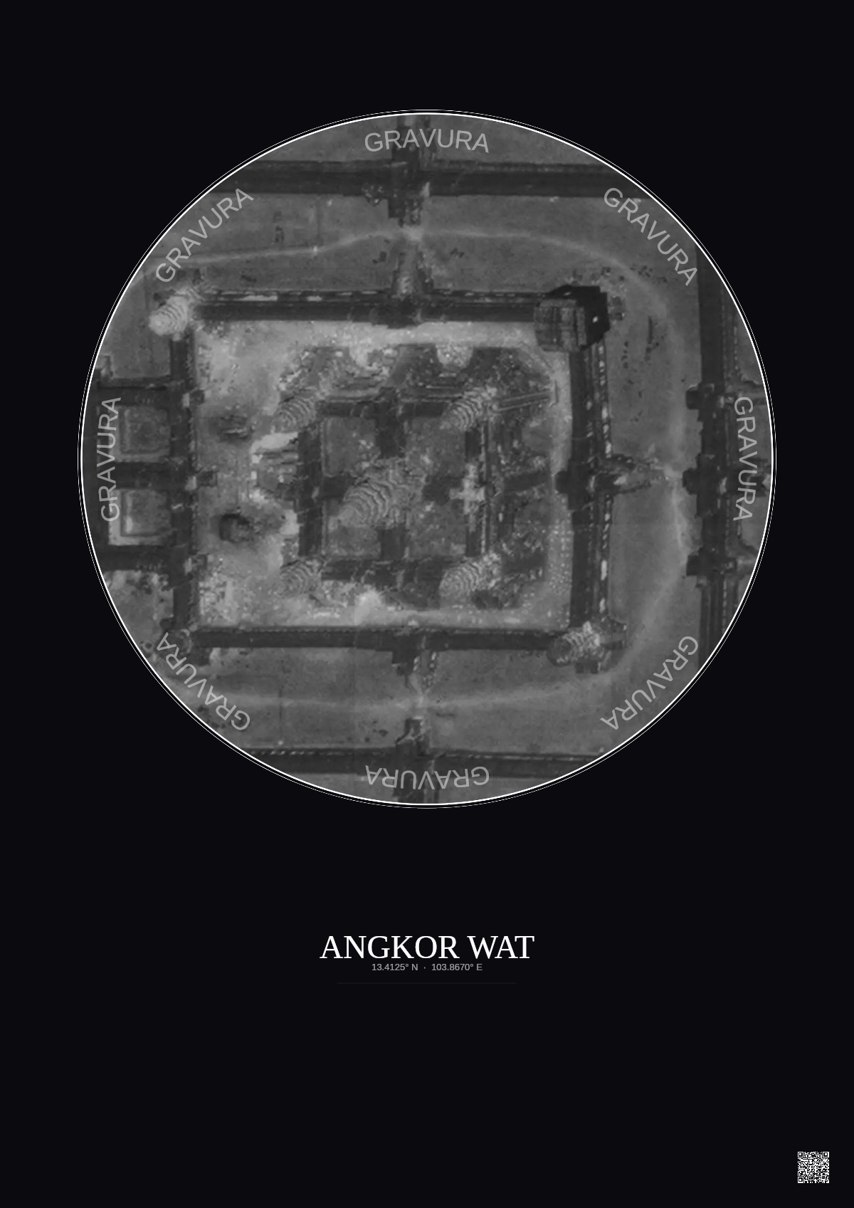 Affiche Angkor Wat – Poster vue satellite 0.1km N&B | Gravura – Fond foncé
