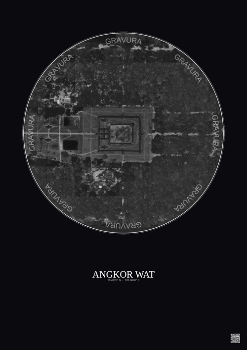 Affiche Angkor Wat – Poster vue satellite 0.5km N&B | Gravura – Fond foncé