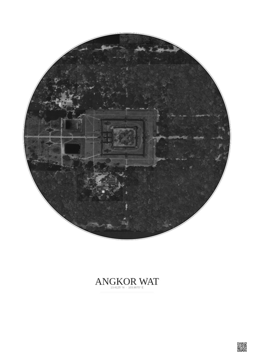 Affiche Angkor Wat – Poster vue satellite 0.5km N&B | Gravura – Fond clair