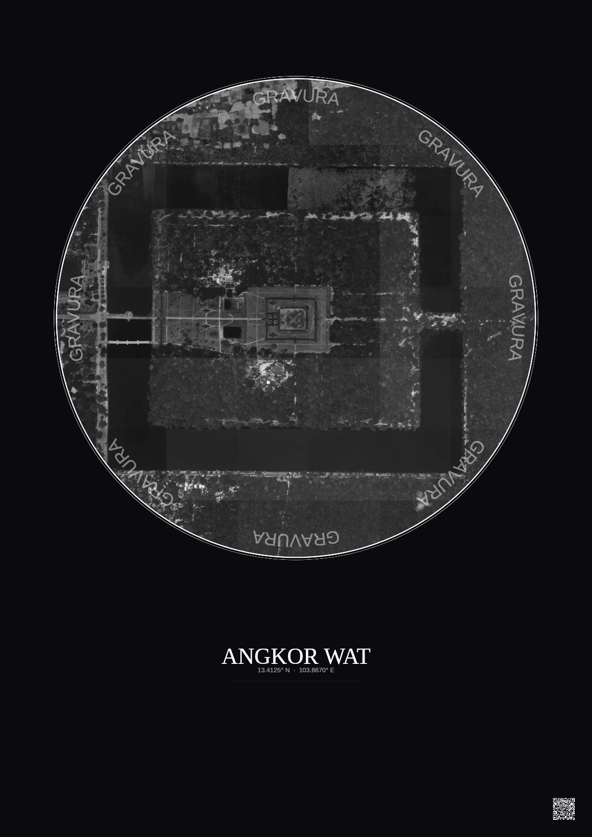 Affiche Angkor Wat – Poster vue satellite 1km N&B | Gravura – Fond foncé