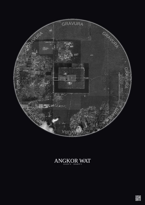 Affiche Angkor Wat – Poster vue satellite 2.5km N&B | Gravura – Fond foncé