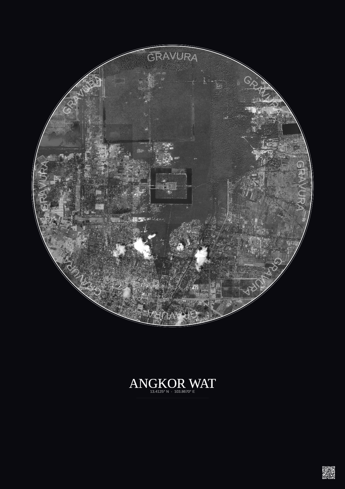 Affiche Angkor Wat – Poster vue satellite 5km N&B | Gravura – Fond foncé
