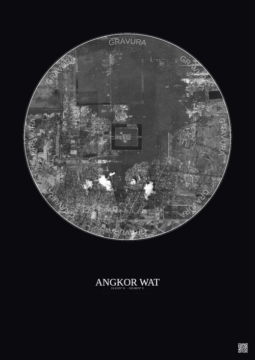 Affiche Angkor Wat – Poster vue satellite 5km N&B | Gravura – Fond foncé