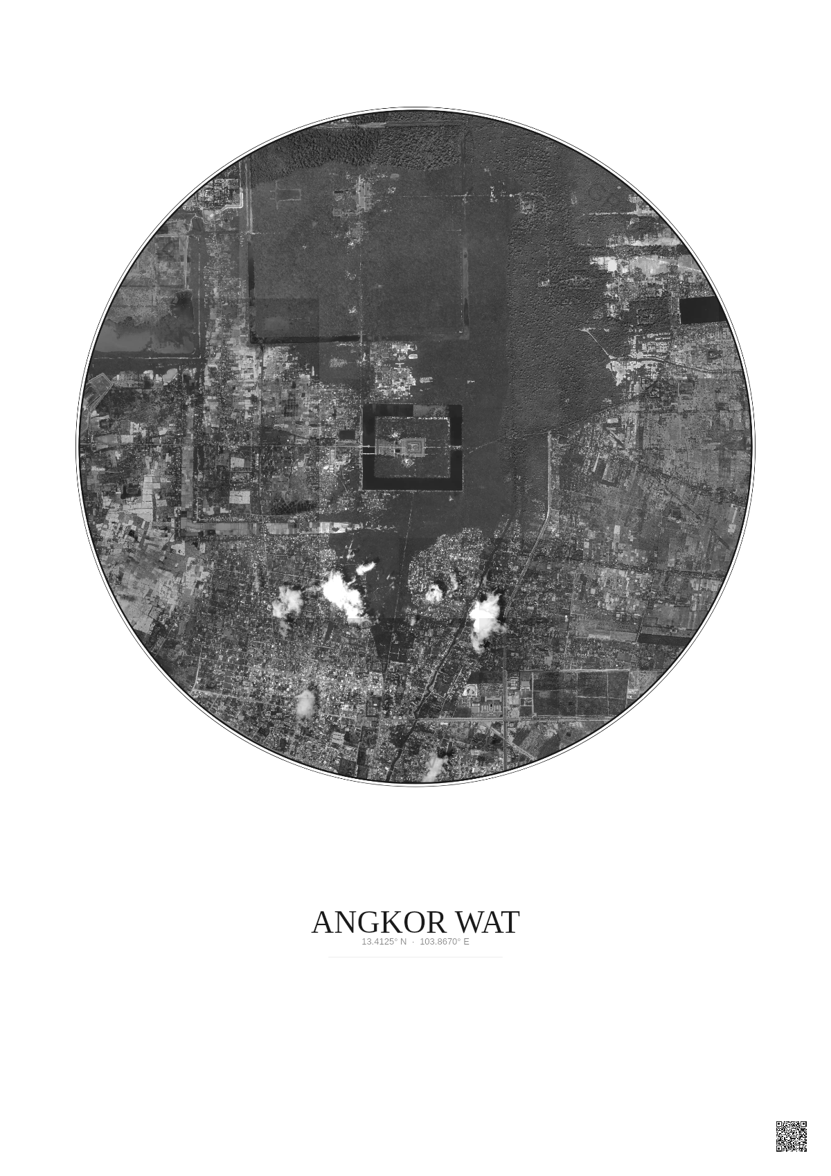 Affiche Angkor Wat – Poster vue satellite 5km N&B | Gravura – Fond clair