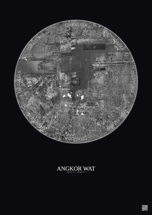 Affiche Angkor Wat – Poster vue satellite 10km N&B | Gravura – Fond foncé