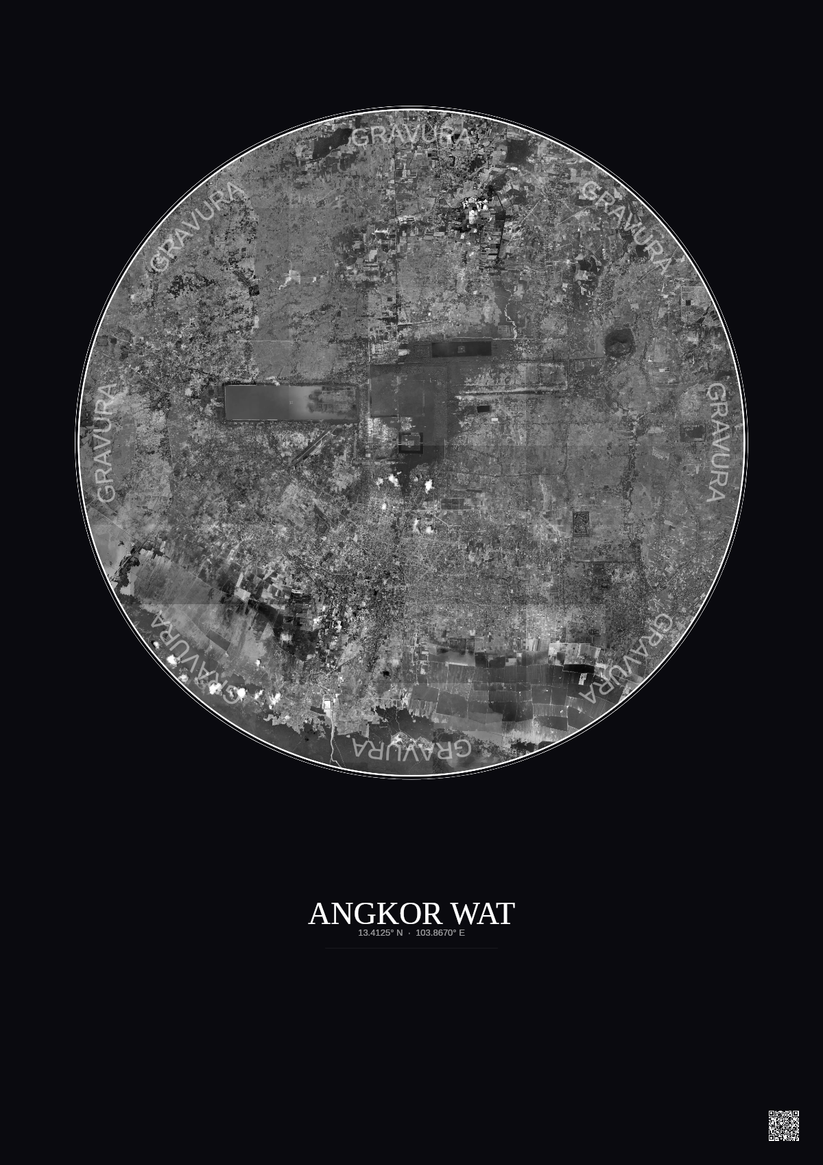 Affiche Angkor Wat – Poster vue satellite 20km N&B | Gravura – Fond foncé