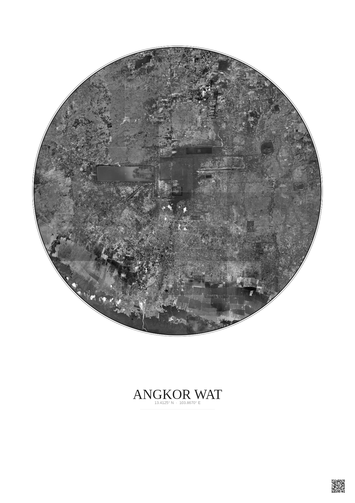 Affiche Angkor Wat – Poster vue satellite 20km N&B | Gravura – Fond clair