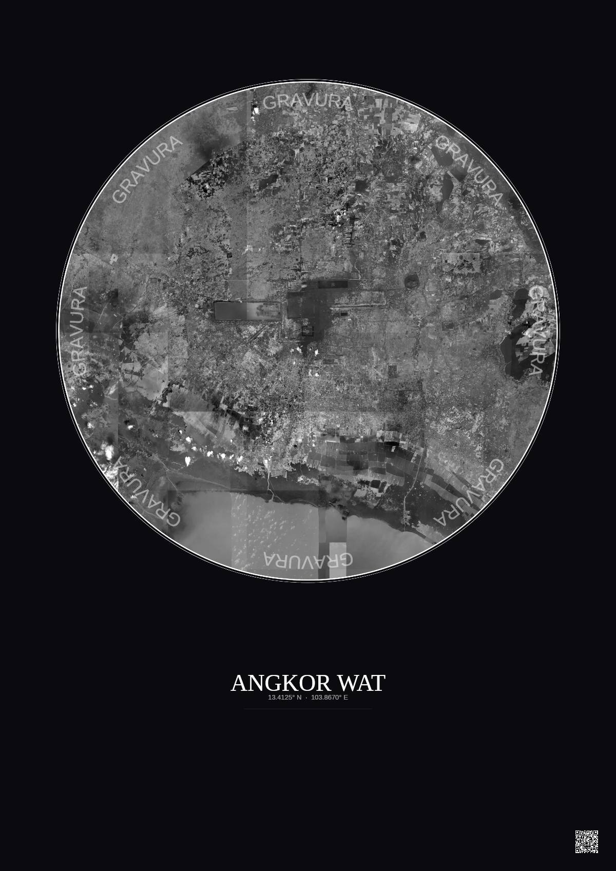 Affiche Angkor Wat – Poster vue satellite 30km N&B | Gravura – Fond foncé