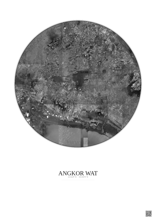Affiche Angkor Wat – Poster vue satellite 30km N&B | Gravura – Fond clair
