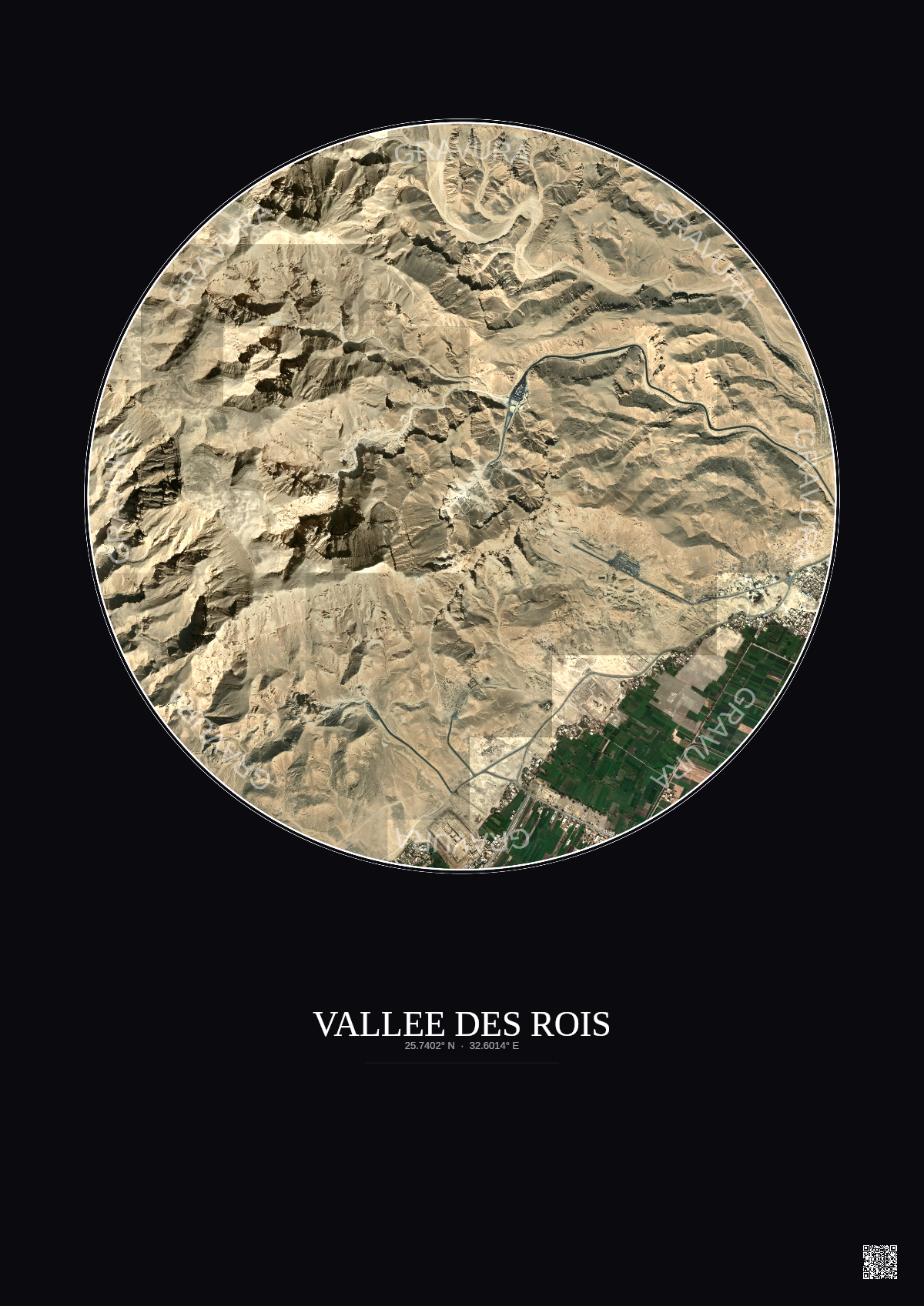 Affiche Vallee Des Rois – Poster vue satellite 2.5km Couleur | Gravura – Fond foncé