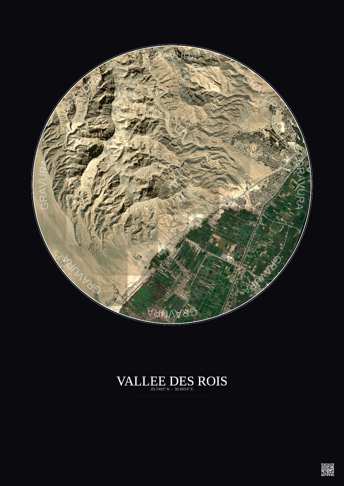 Affiche Vallee Des Rois – Poster vue satellite 5km Couleur | Gravura – Fond foncé
