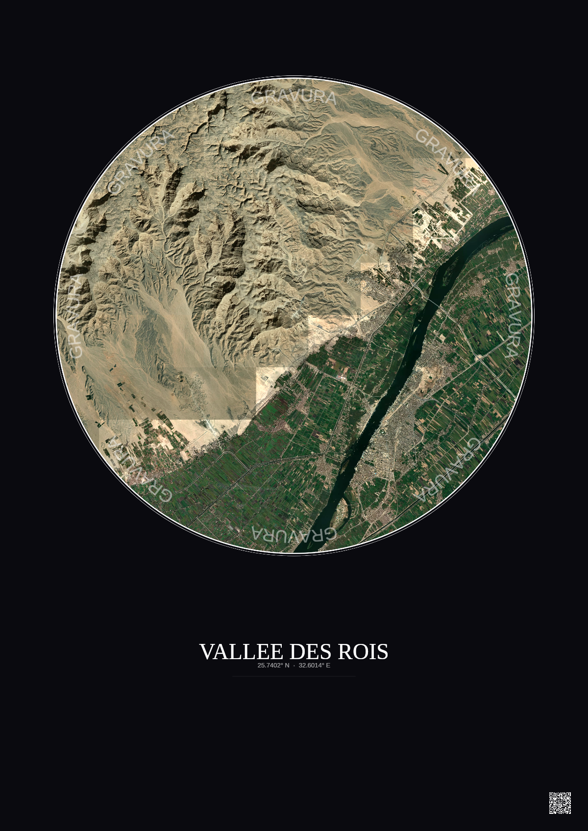 Affiche Vallee Des Rois – Poster vue satellite 10km Couleur | Gravura – Fond foncé