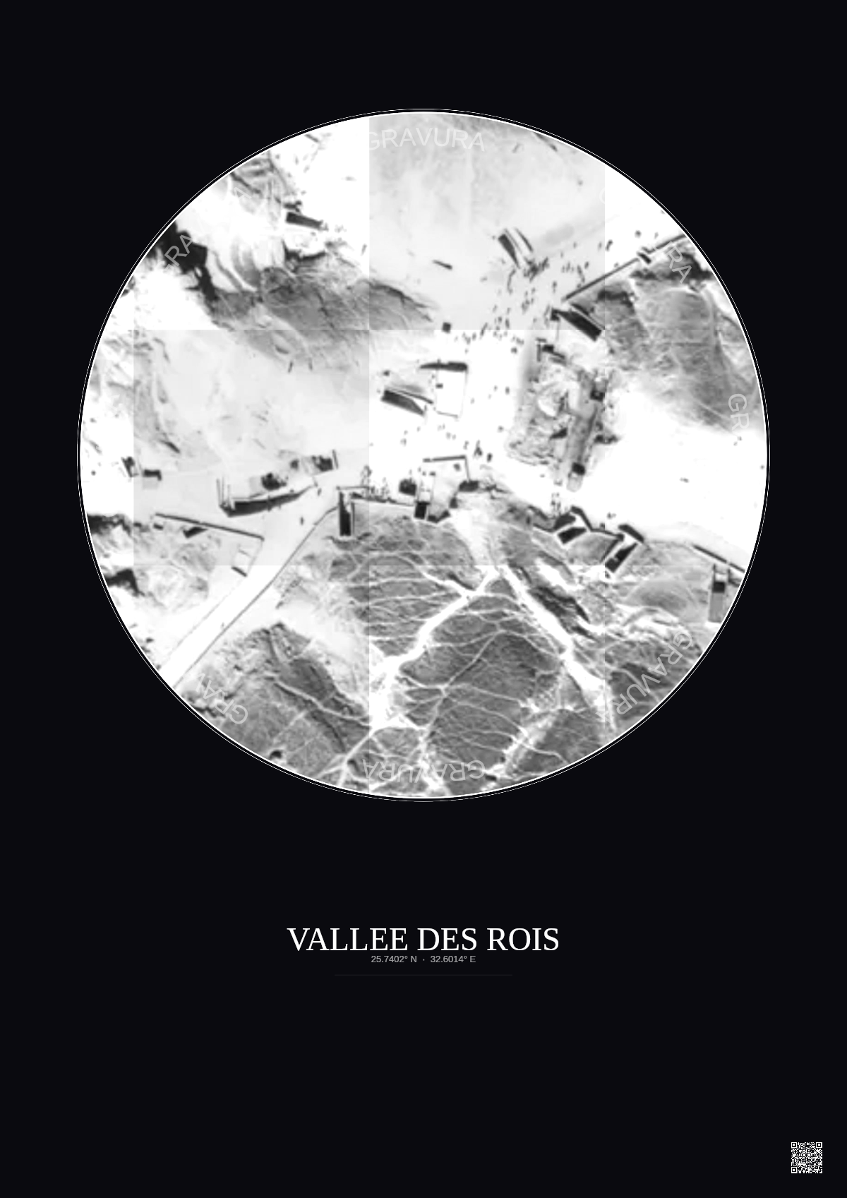 Affiche Vallee Des Rois – Poster vue satellite 0.1km N&B | Gravura – Fond foncé
