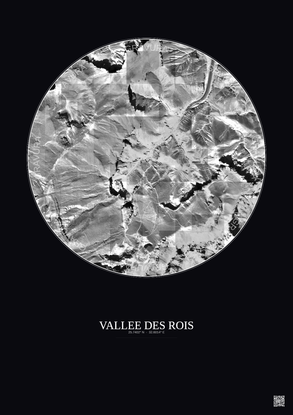 Affiche Vallee Des Rois – Poster vue satellite 0.5km N&B | Gravura – Fond foncé