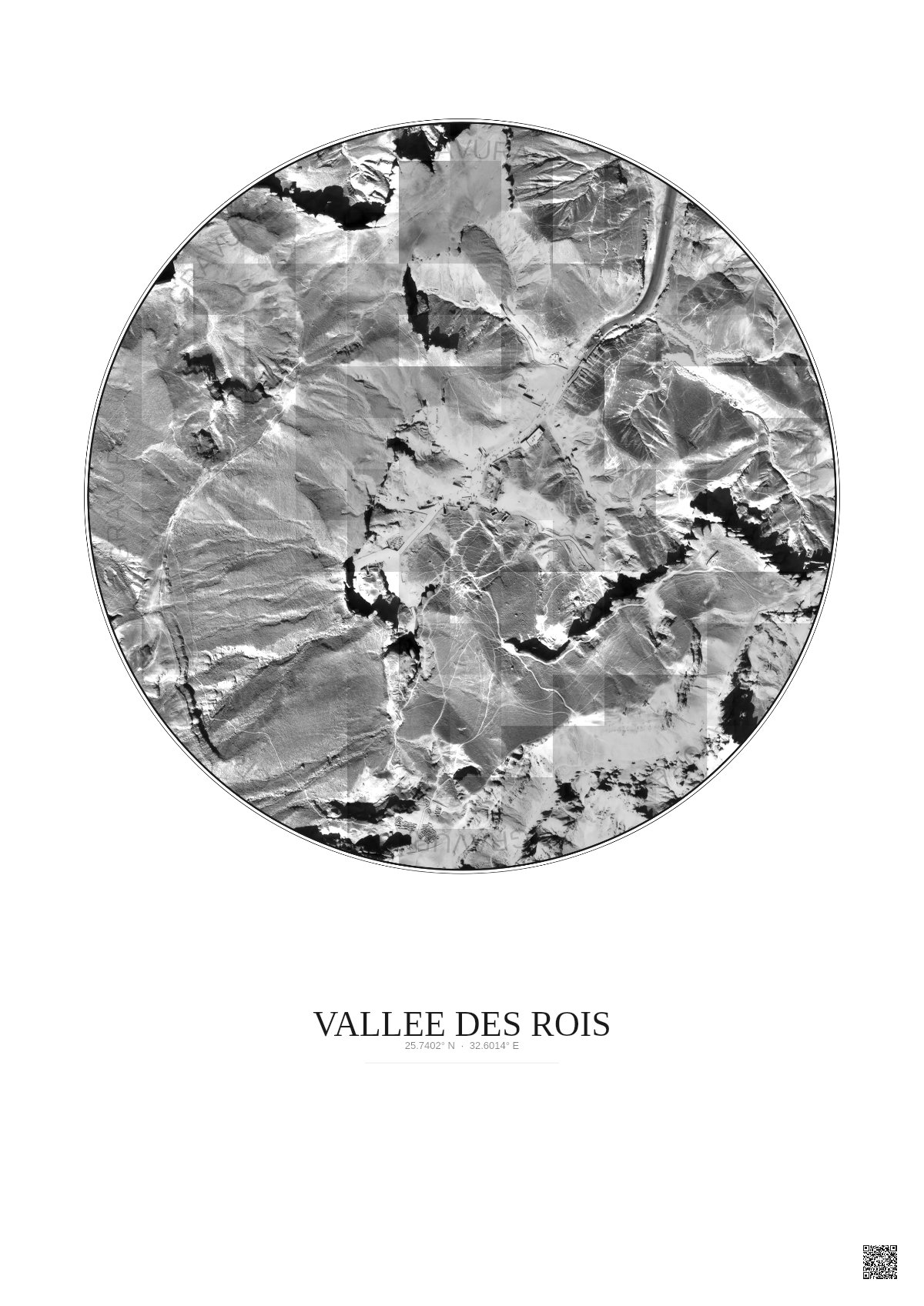 Affiche Vallee Des Rois – Poster vue satellite 0.5km N&B | Gravura – Fond clair