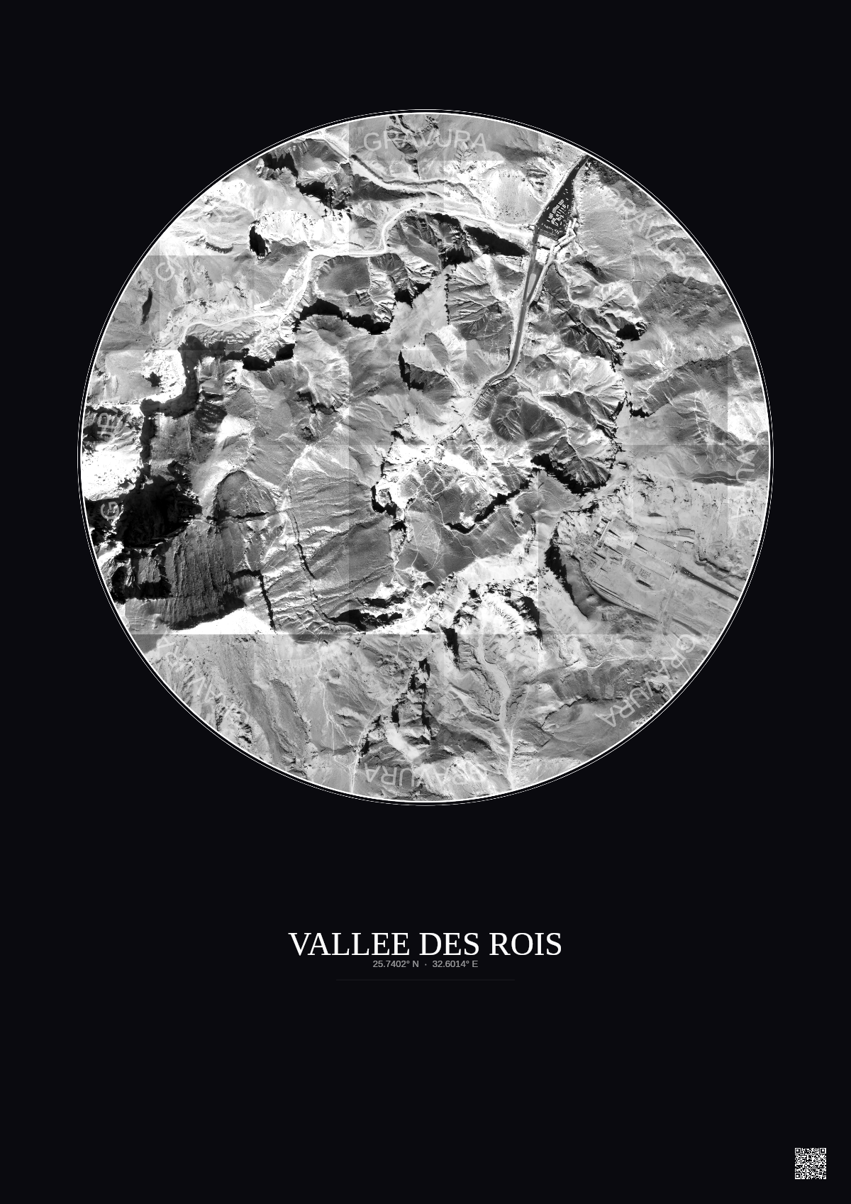 Affiche Vallee Des Rois – Poster vue satellite 1km N&B | Gravura – Fond foncé
