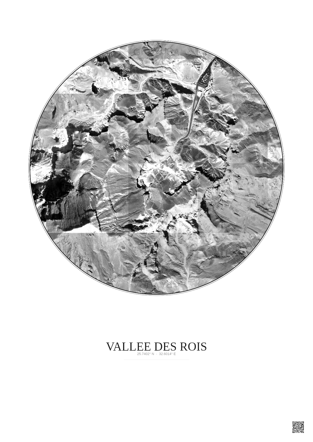 Affiche Vallee Des Rois – Poster vue satellite 1km N&B | Gravura – Fond clair