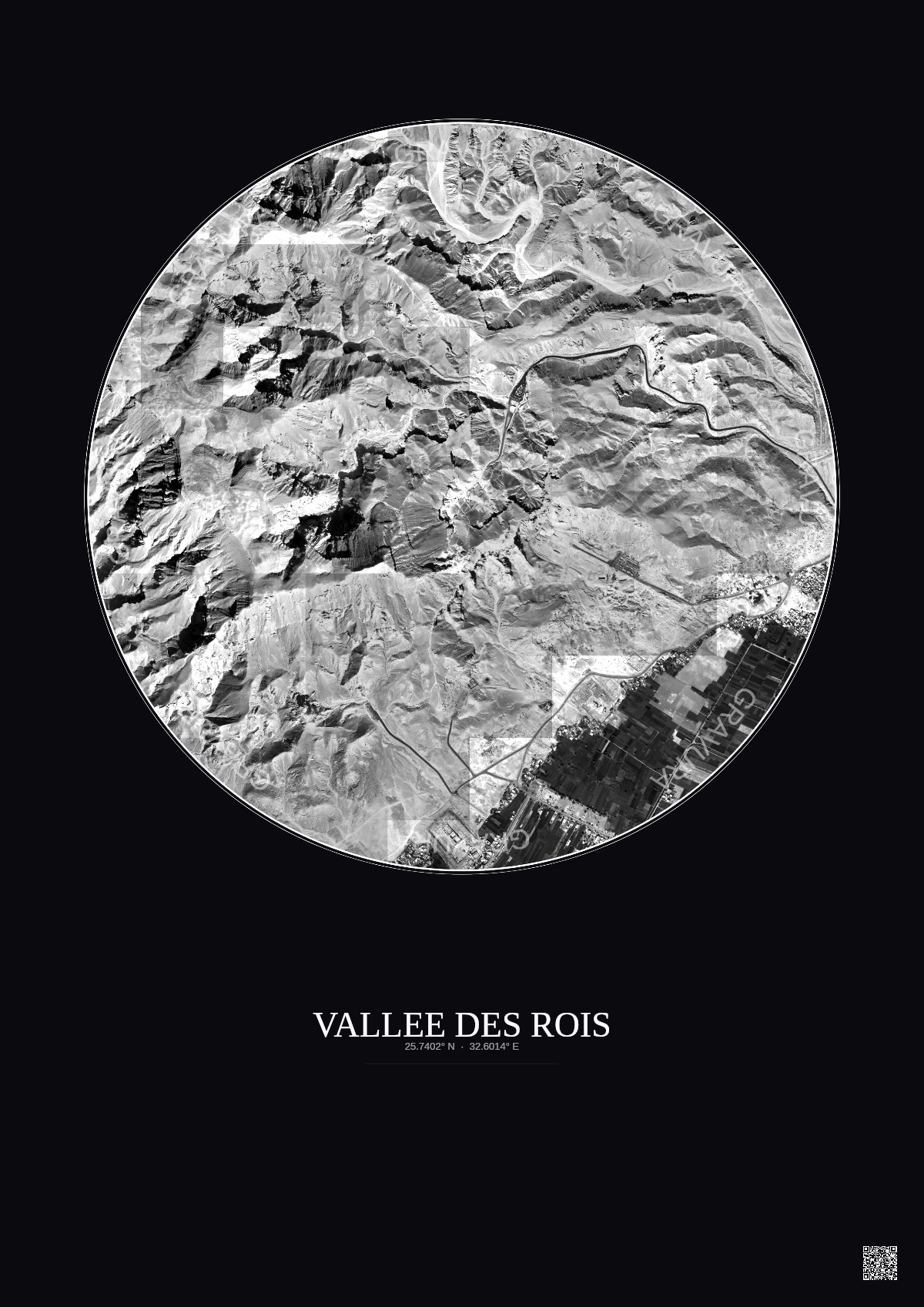 Affiche Vallee Des Rois – Poster vue satellite 2.5km N&B | Gravura – Fond foncé