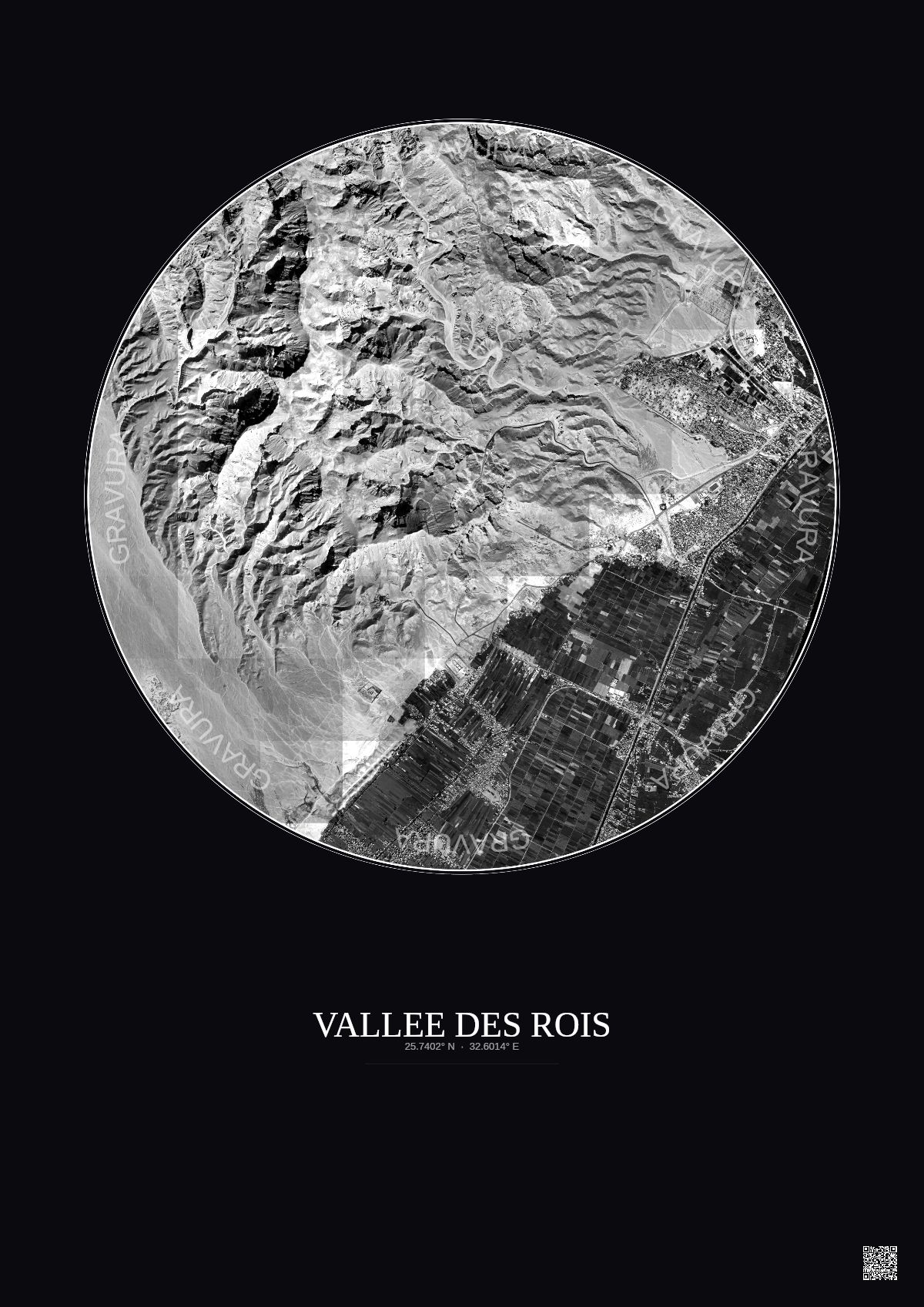 Affiche Vallee Des Rois – Poster vue satellite 5km N&B | Gravura – Fond foncé