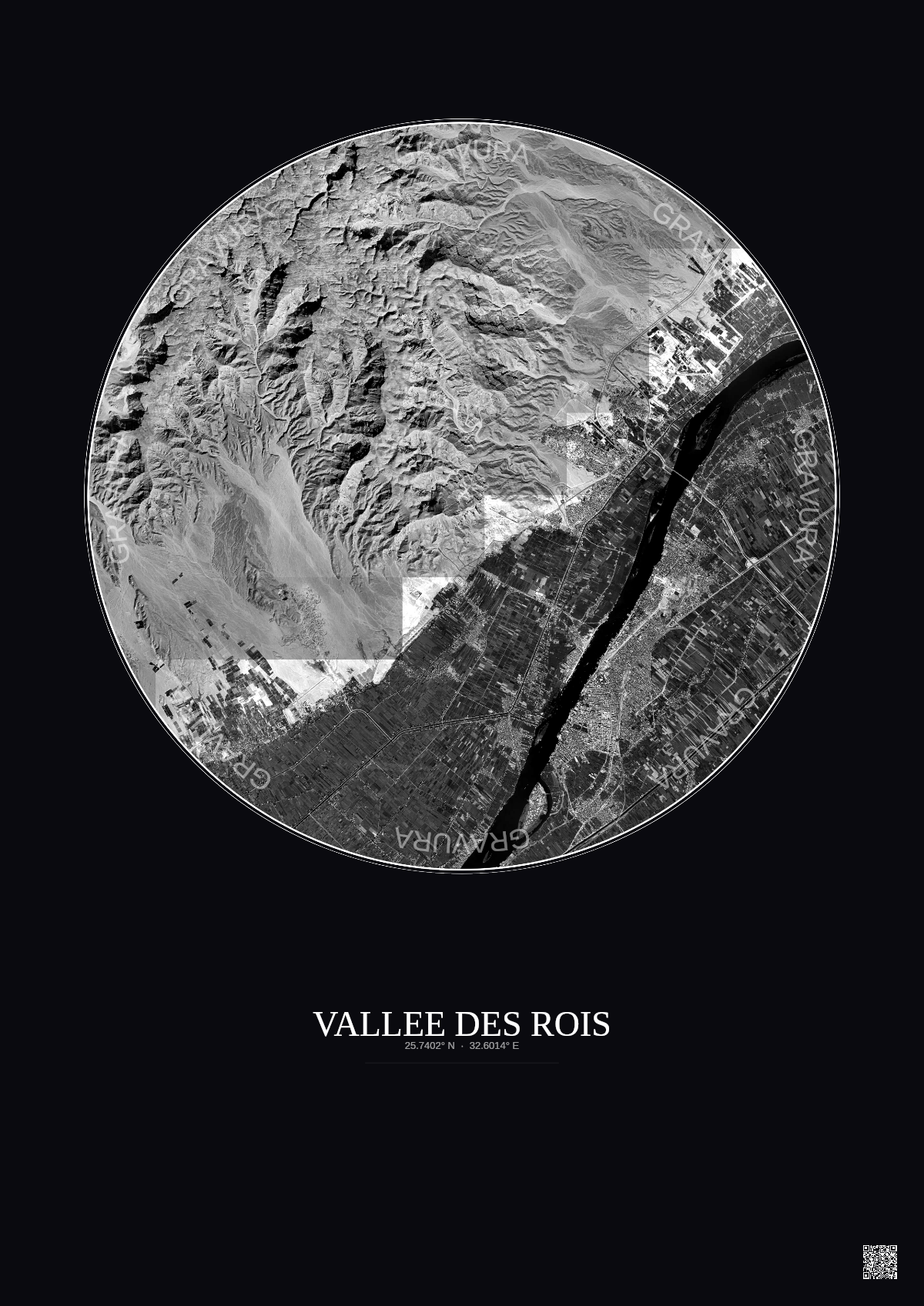 Affiche Vallee Des Rois – Poster vue satellite 10km N&B | Gravura – Fond foncé
